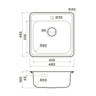 Мойка Omoikiri NOTORO 48-IN (485х485х180) врезная, слив-перелив, нержавеюща сталь 4997436