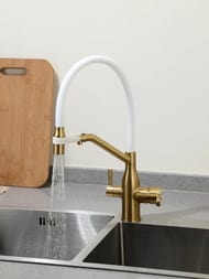Смеситель для кухни с гибким изливом и подключением фильтра для питьевой воды , FRAP сатин золотой, F4397-3