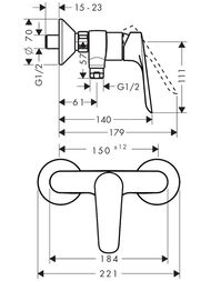 Чертёж Смеситель Hansgrohe Logis E 71602000  для душа однорычажный, настенный, хром