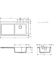 Чертёж Мойка из гранита Hansgrohe S51 43314170 (1050х500) врезная, отвер.под смес., черный графит