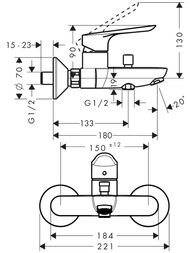 Чертёж Смеситель Hansgrohe Logis E 71403000  для ванны однорычажный, настенный, хром