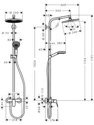 Чертёж Душевая система Hansgrohe Crometta S 240 Showerpipe со смесителем д/душа, верхний и руч.душ 27269000
