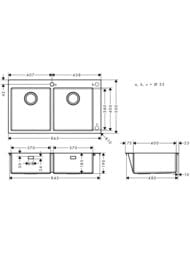 Чертёж Мойка из нержавеющей стали Hansgrohe S71 43303800 (865х500) врезная, отвер.под смес., сталь