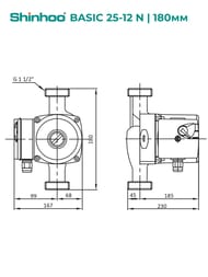 Насос циркуляционный SHINHOO BASIC 25-12 N 180 1x230V, 1.1/2", без гаек, 71223001