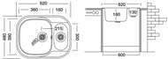 Мойка врезная Ukinox Galant 620х480 полированная 0,8 мм, слив 3 1/2, GAP620.480 15GT8K 2L