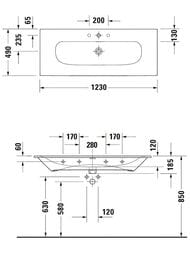 Умывальник Duravit Viu 1230х490 мебельный, антигрязевое покр., 1 отв. под смеситель 23441200001