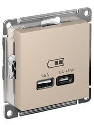 Розетка Systeme Electric ATLASDESIGN USB A+С, 45Вт (для подзарядки), цвет: песочный ATN001229