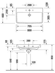 Умывальник подвесной Duravit No.1 800х460х175мм, перелив, отверстие под смеситель, белый 23758000002