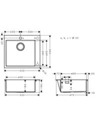 Чертёж Мойка из нержавеющей стали Hansgrohe S71 43301800 (550х500) врезная,отверс.под смес.,сталь