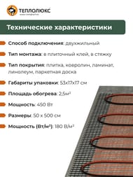 Теплый пол ТЕПЛОЛЮКС ProfiMat 2,5м2, 180Вт/м2, 0,5м х 5м, 450Вт, без терморегулятора