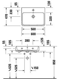 Раковина подвесная Duravit Qatego 600х470х125мм перелив, отв. под смеситель, цвет: белый 2382600000