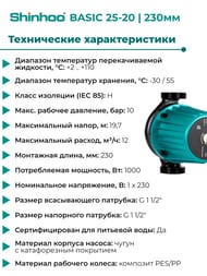 Насос циркуляционный SHINHOO BASIC 25-20 230 1x230В, G 1 1/2", с гайками 71211009