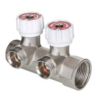 Коллектор VALTEC 3/4" на 2 выхода 1/2"Н с белыми регулирующими вентилями, латунь ник. VTc.570.N.0502 — миниатюра 1