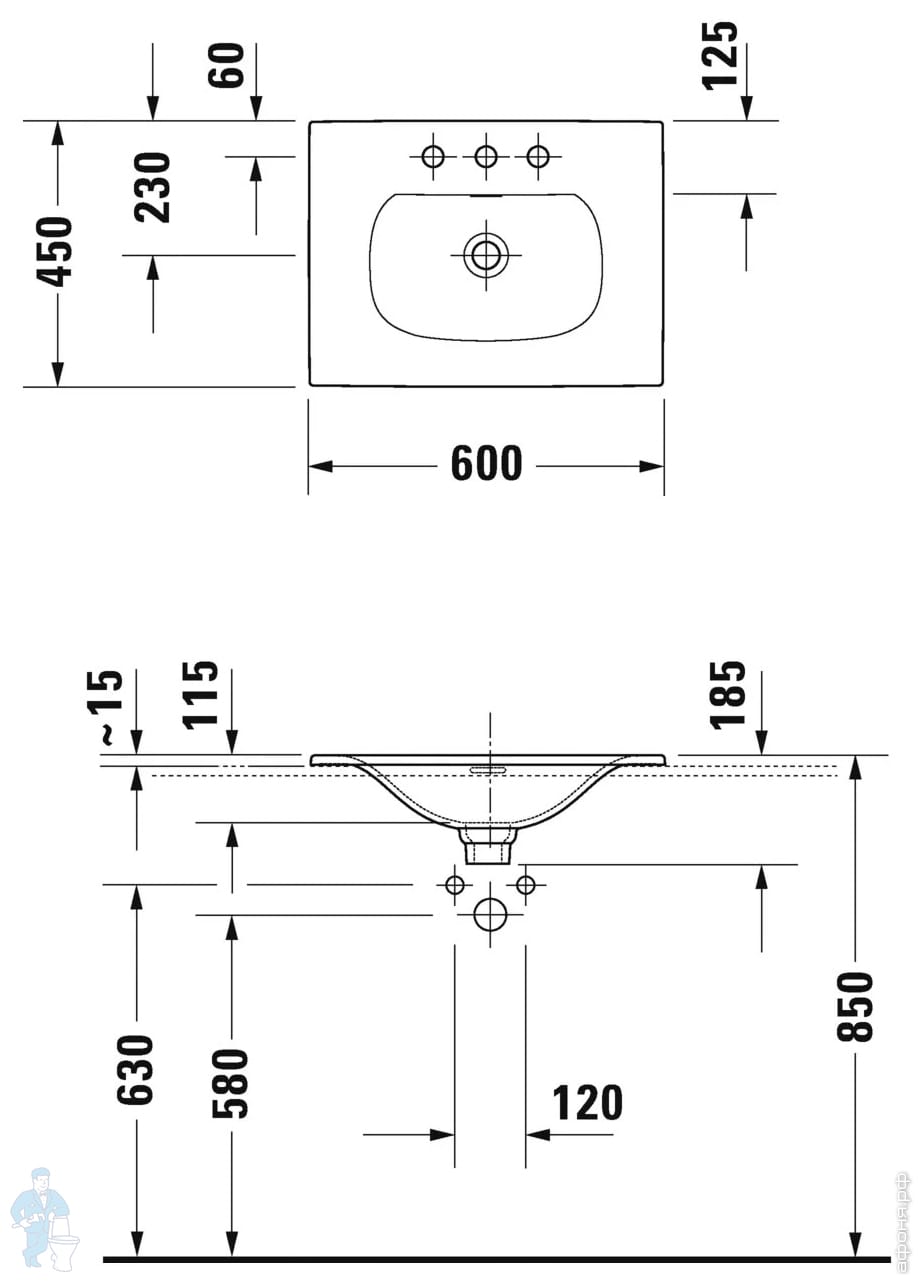 Умывальник Duravit Viu 600х450 встраиваемый, 3 отверстия под смеситель ...