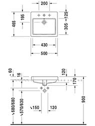 Умывальник встраив. сверху DURAVIT VERO 500х465х170 1 отв. под смес.,перелив 0315500000
