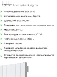 Радиатор стальной toHit from asthetik sigma, 4 секции, 270х1000х65, 607 Вт, вертикальный, трубчатый