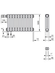 Радиатор Zehnder Charleston 2180 двухтрубчатый 10 секций, нижнее подключение 1/2", Technoline