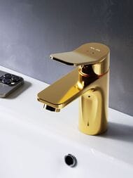 Смеситель AM.PM X-Joy F85A02199 100 мм, для умывальника, однозахватный, фиксированный излив, золото