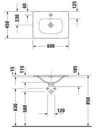 Умывальник Duravit Viu 600х450 встраиваемый, 1 отверстие под смеситель 0385600000