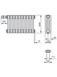 Радиатор Zehnder Charleston 3180 трехтрубчатый 8 секций, боковое подключение 1/2", белый