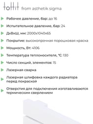 Радиатор стальной toHit from asthetik sigma, 15 секций, 2000х1040х65, 4106 Вт, горизонтальный, трубчатый