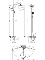 Чертёж Душевая система Hansgrohe Croma 220 Showerpipe 27223000 термостат, верхний/ручной душ, цвет: хром