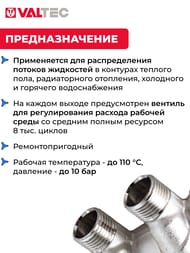Коллектор VALTEC 1" на 2 подв.с вентилями 1/2"Н никель  VTc.560.N.0602 — изображение 3