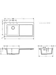 Чертёж Мойка из гранита Hansgrohe S51 43330170 (1050х500) врезная, отвер.под смес., черный графит