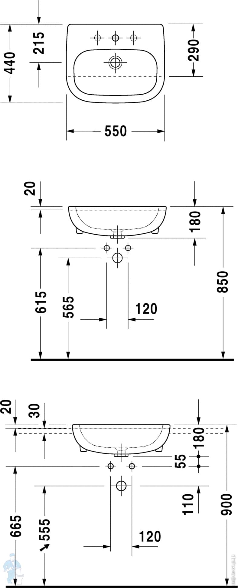 Умывальник встраив. до половины DURAVIT D-CODE 550х440х180 1 отв. под ...