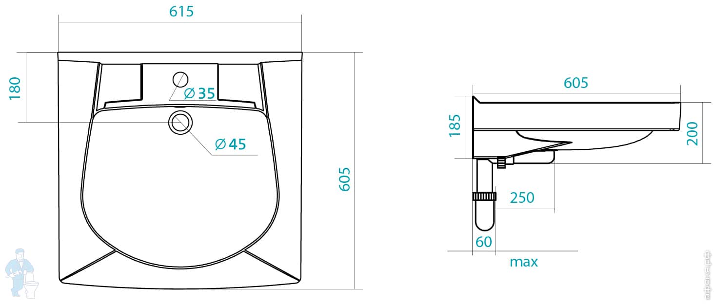 Умывальник САНТЕК Пилот-60 (615х605) для установки над стиральной ...