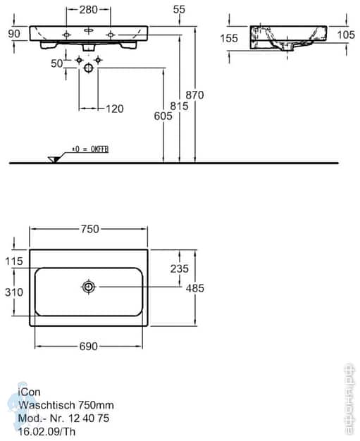 Раковина Geberit iCon (750х485х155) без отверстия под смеситель ...