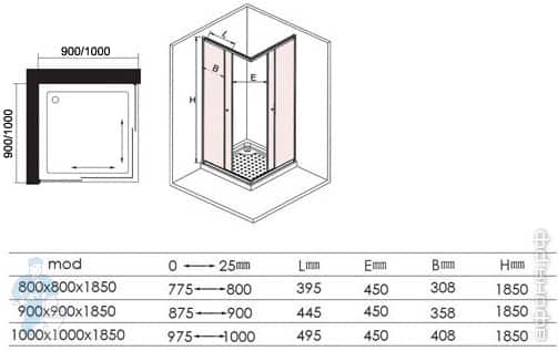 чертеж душевого уголка Sturm JOY 100х100х185 купить душевой уголок штурм джой 100х100